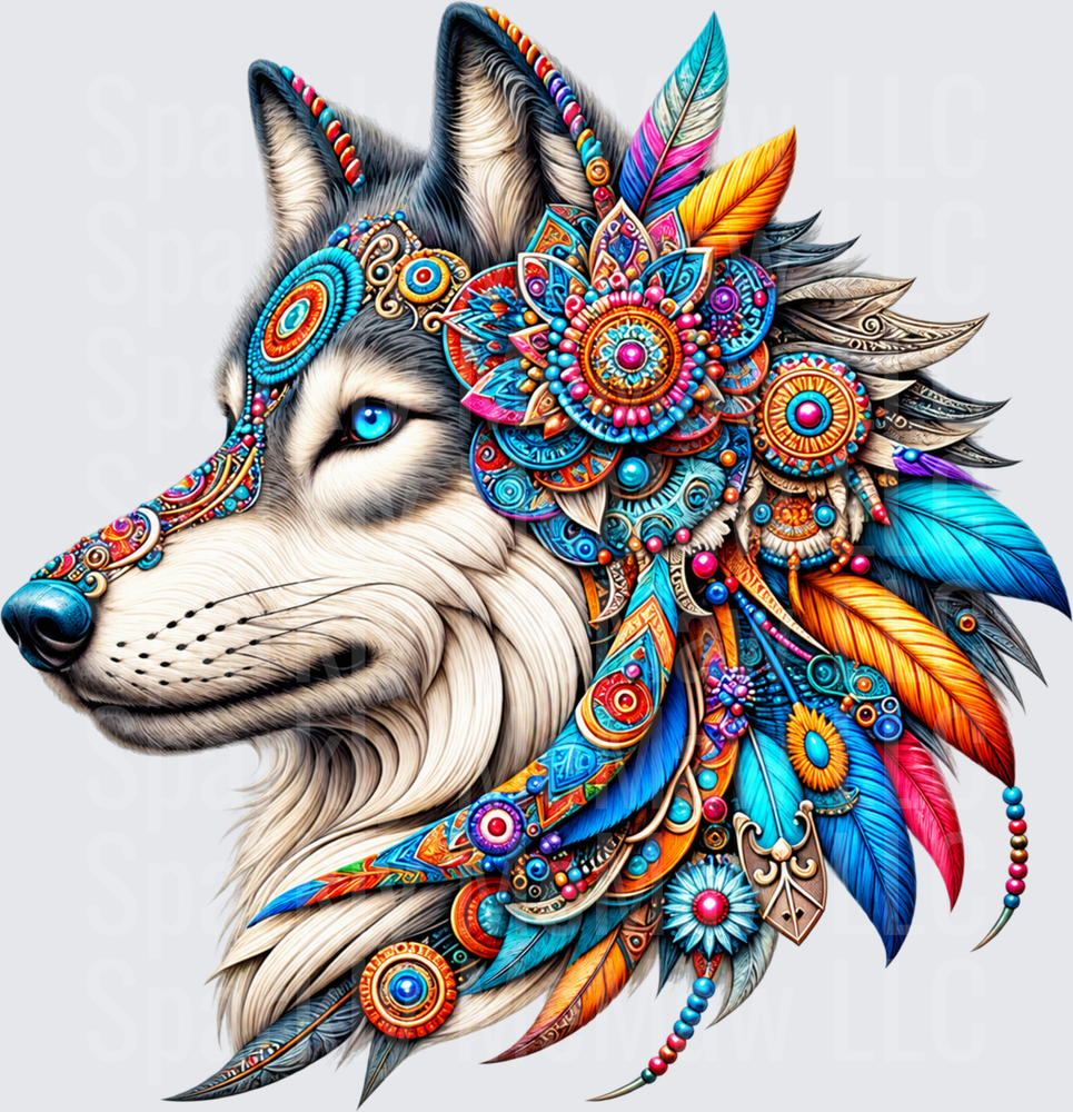 Boho Wolf Mandala Feathers DTF Transfer for Fabrics