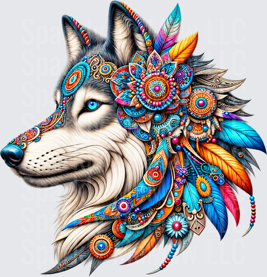 Boho Wolf Mandala Feathers DTF Transfer for Fabrics