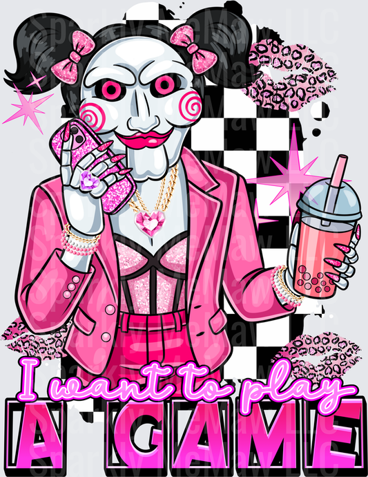 Pink Aesthetic Saw Billy Puppet I Want to Play a Game DTF Transfer for Fabric