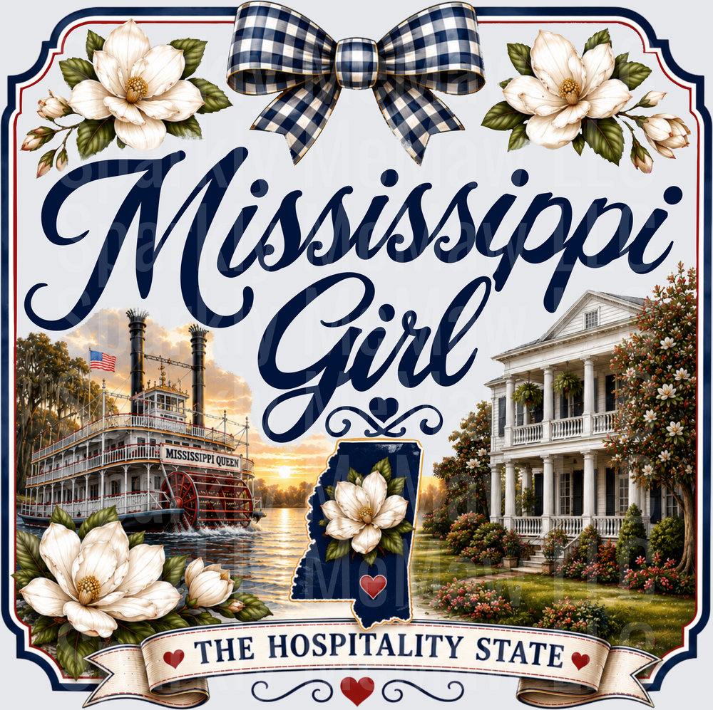 Mississippi Girl The Hospitality State UV DTF Decal with Magnolia Flowers Navy Gingham Bow Riverboat and Southern Plantation Home