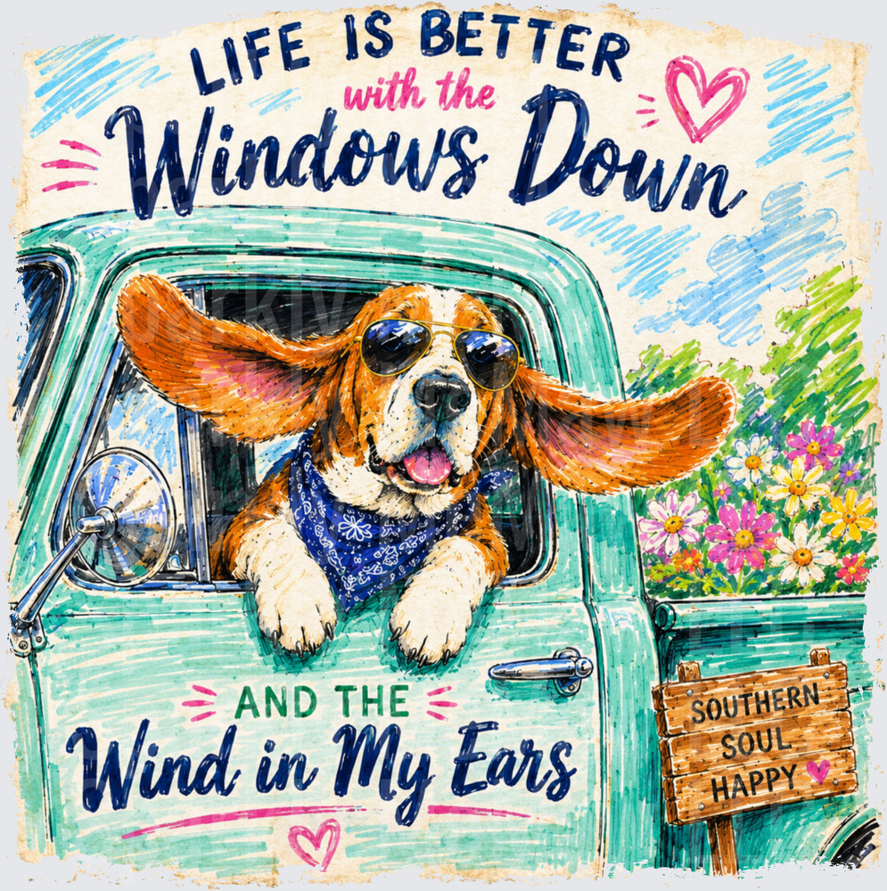 Life Is Better With The Windows Down And The Wind In My Ears Basset Hound Sunglasses Bandana Vintage Truck Southern Soul Happy UV DTF Decal
