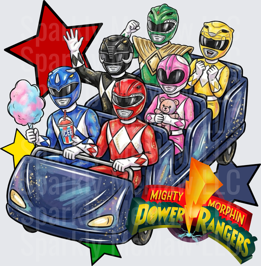 Mighty Morphin Power Rangers All Six Rangers Riding Roller Coaster with Cotton Candy and ICEE DTF Transfer for fabrics
