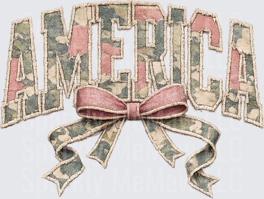 AMERICA Text with Patriotic Bow in Vintage Camouflage Colors DTF Transfer for Fabric