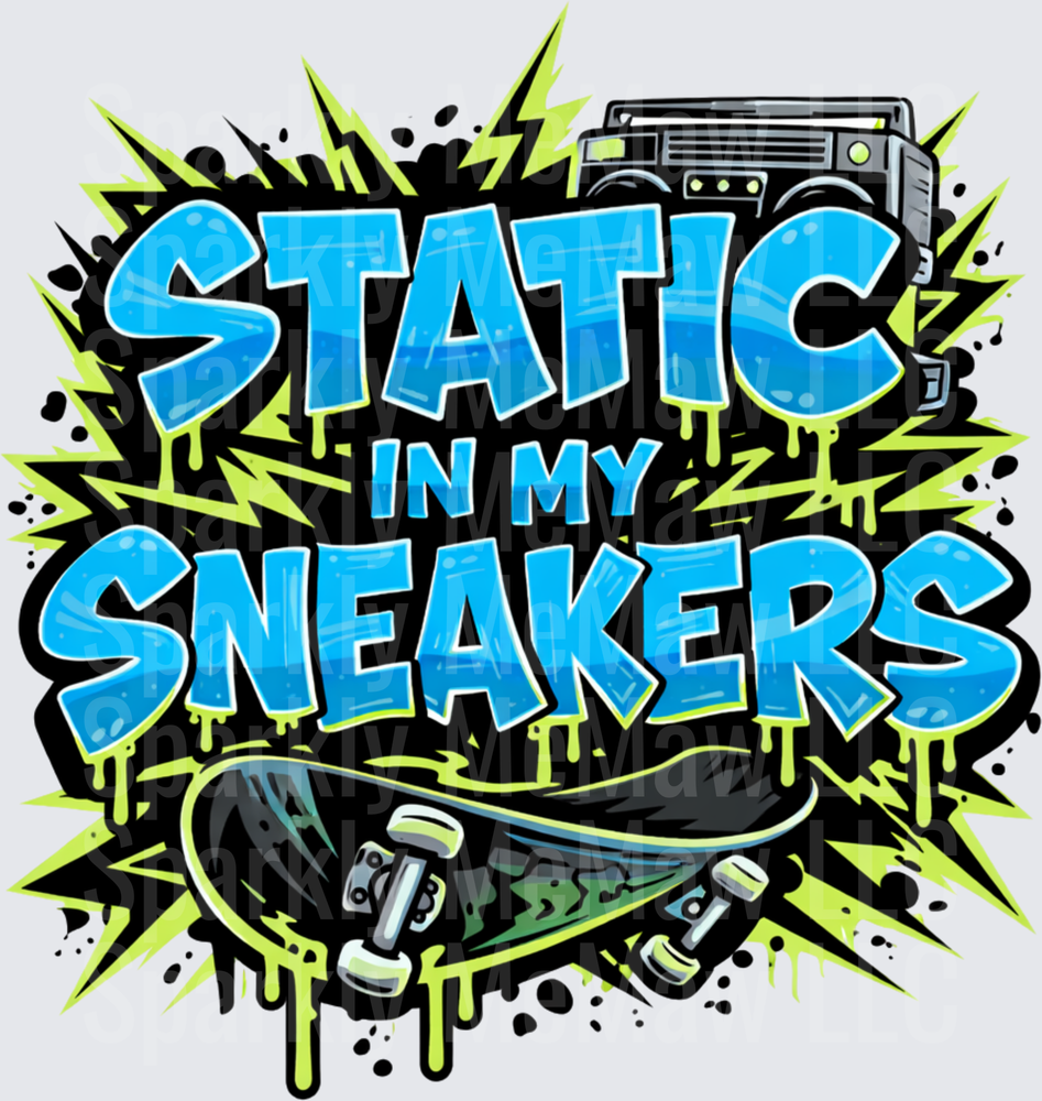 Static in My Sneakers Graffiti Style Skateboard and Boombox Urban Street Art DTF Transfer for Fabric