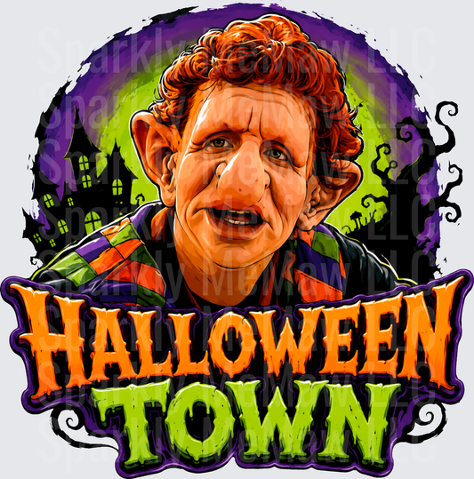 Halloweentown Luke the Goblin Caricature Haunted House Purple Green Halloween Design DTF Transfer (fabrics)