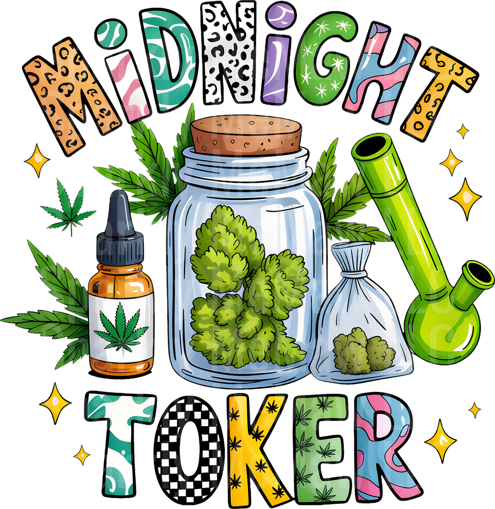 Midnight Toker Cannabis Themed Design with Glass Jar and Bong UV DTF Decal