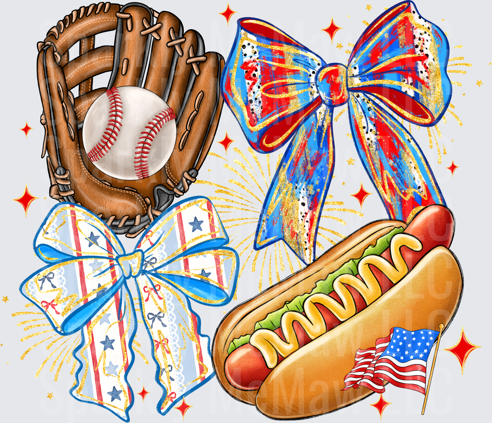 Patriotic 4th of July Baseball Glove Hot Dog American Flag Coquette Bows Fireworks DTF Transfer for Fabrics