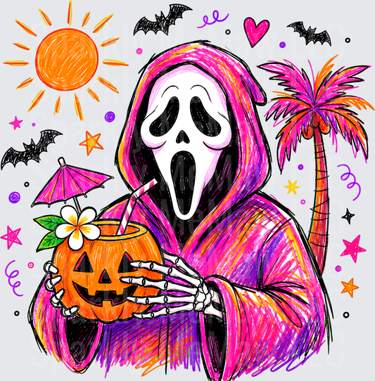 Ghostface Scream Mask Tropical Summer Halloween Pumpkin Cocktail Skeleton Hands Pink Colorful UV DTF Decal