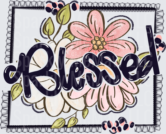 Blessed Script Lettering with Pink Floral Bouquet and Decorative Border DTF Transfer for Fabrics