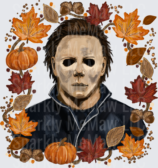 Michael Myers Halloween Fall Autumn Wreath Pumpkins Leaves Acorns DTF Transfer for fabrics