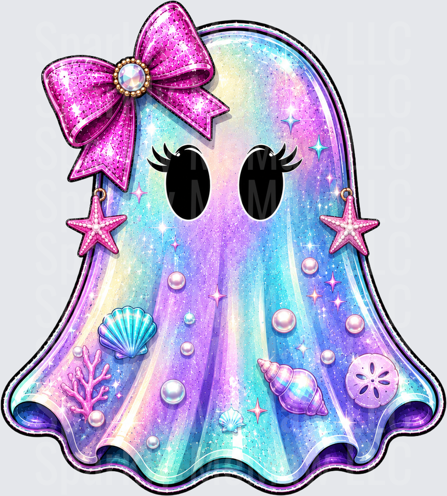 Kawaii Galaxy Ghost with Glitter Bow and Ocean Elements DTF Transfer