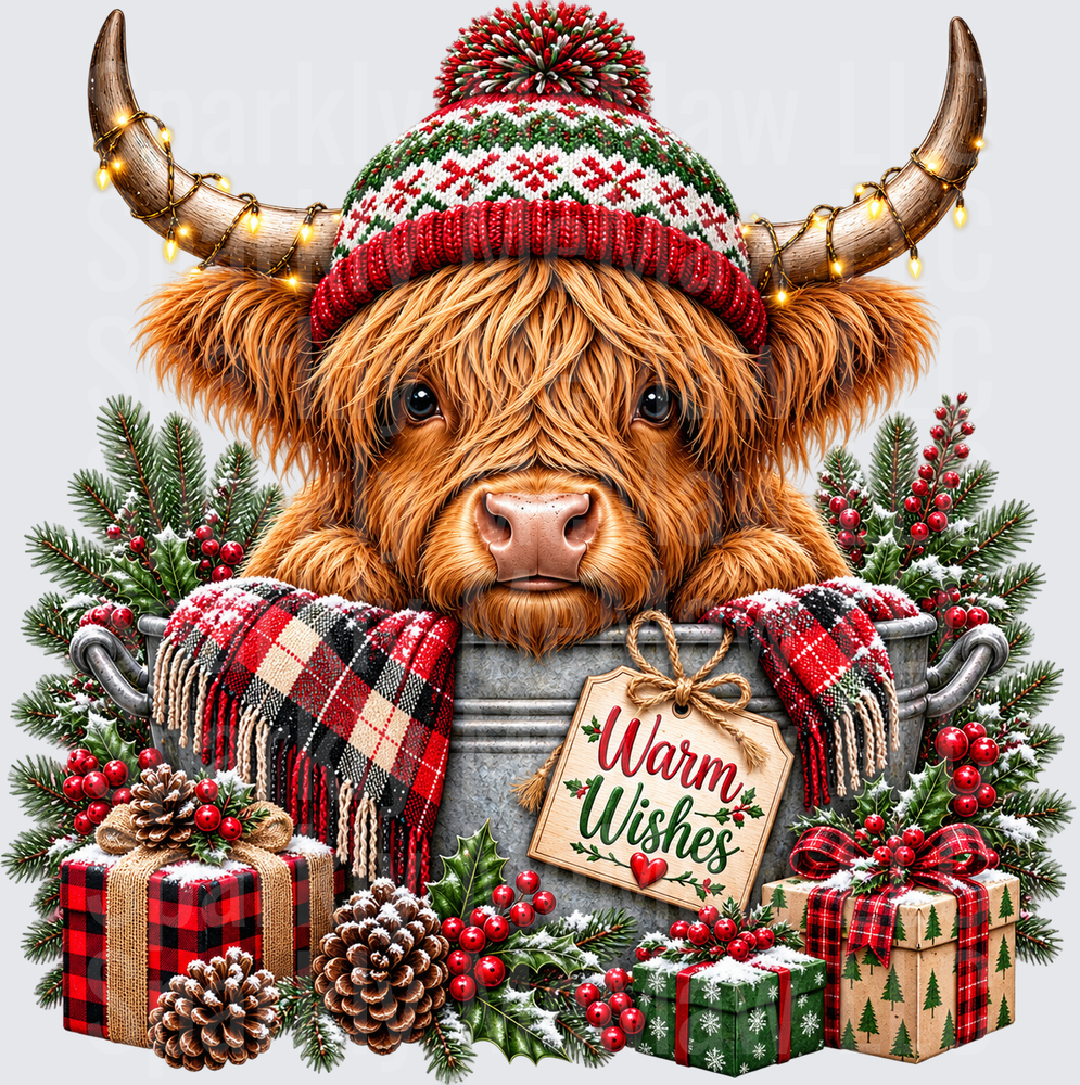 Warm Wishes Highland Cow Christmas UV DTF Decal