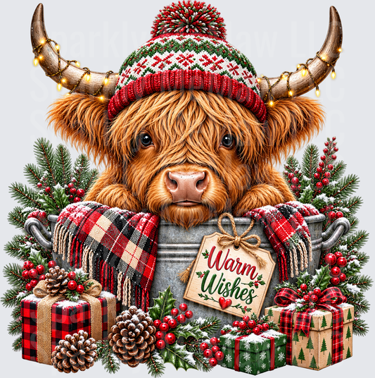 Warm Wishes Highland Cow Christmas UV DTF Decal