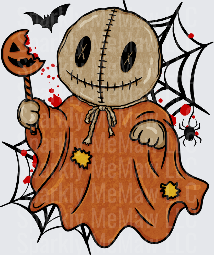 Sam Halloween Trick or Treat Horror Ghost Costume with Bloody Pumpkin Lollipop Spiderwebs and Bats DTF Transfer for Fabrics