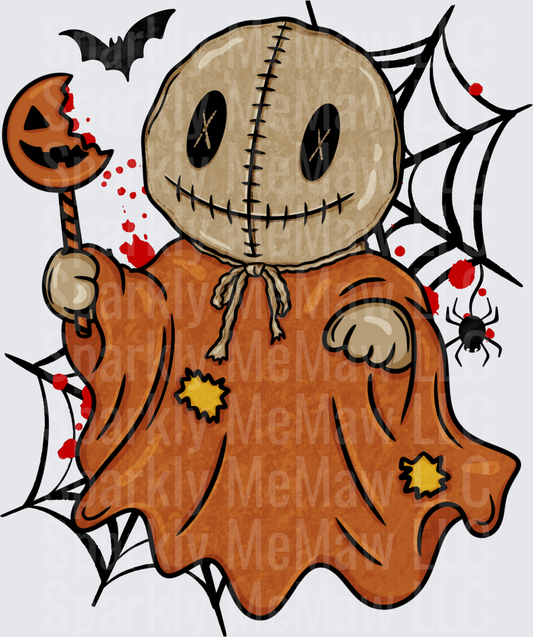 Sam Halloween Trick or Treat Horror Ghost Costume with Bloody Pumpkin Lollipop Spiderwebs and Bats DTF Transfer for Fabrics