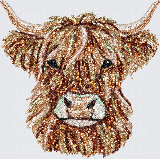 Sparkling Sequin Highland Cow Face with Horns UV DTF Decal