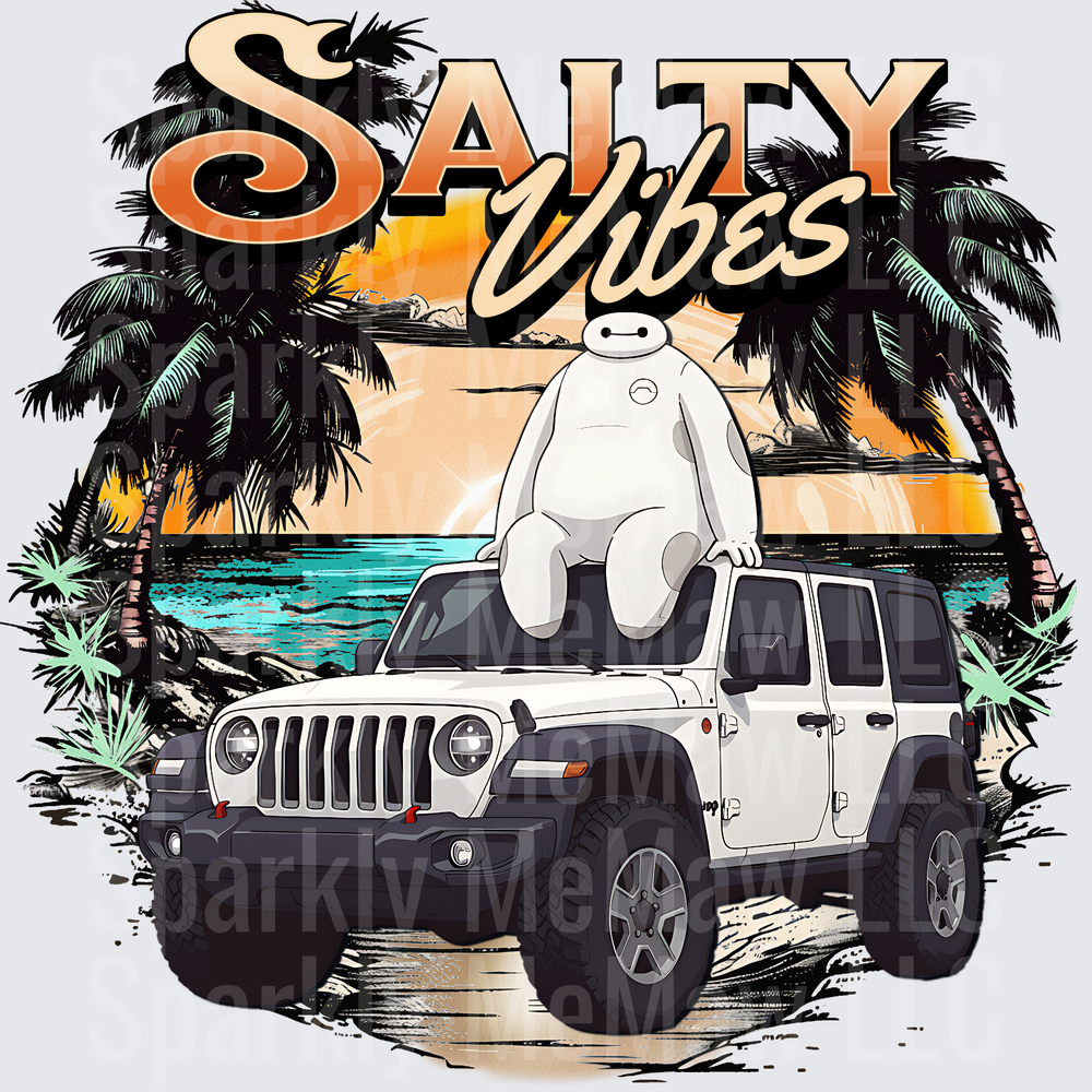 Salty Vibes Baymax on White Jeep Wrangler Tropical Beach Scene UV DTF Decal