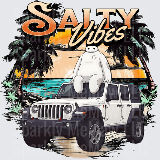 Salty Vibes Baymax on White Jeep Wrangler Tropical Beach Scene UV DTF Decal