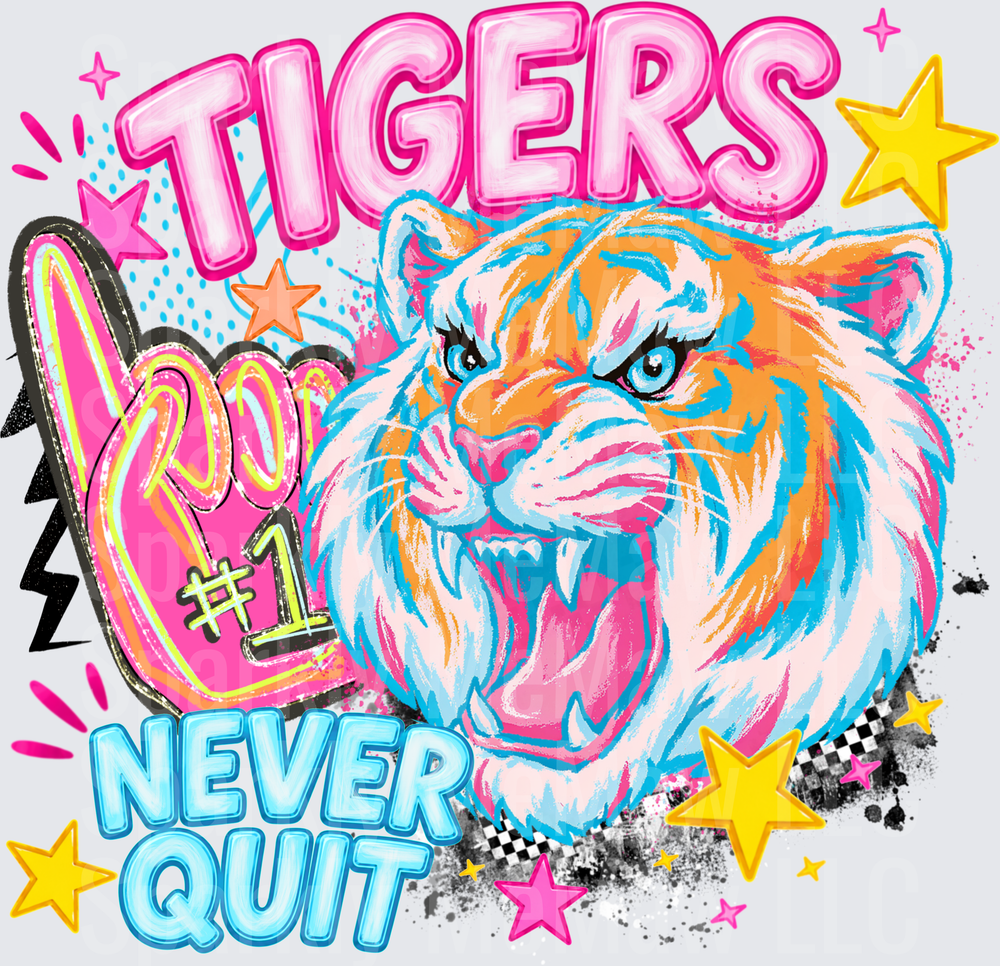 Tigers Never Quit Fierce Roaring Tiger Head with Foam Finger and Stars DTF Transfer for Fabric