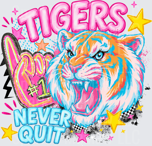 Tigers Never Quit Fierce Roaring Tiger Head with Foam Finger and Stars DTF Transfer for Fabric