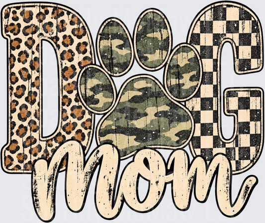 Dog Mom Leopard Camo Checkered Paw DTF Transfer for Fabrics