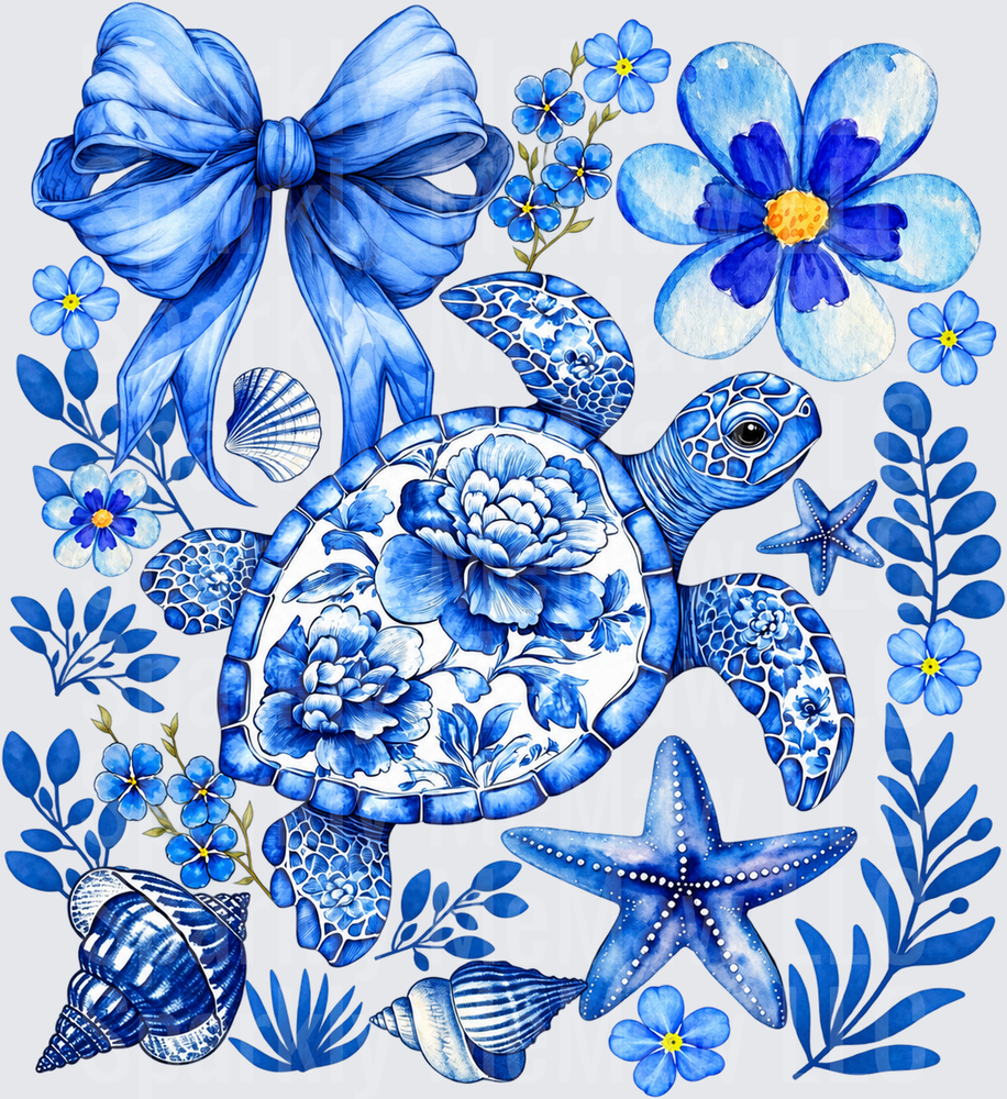 Blue Floral Sea Turtle Coquette is a DTF Transfer for Fabrics