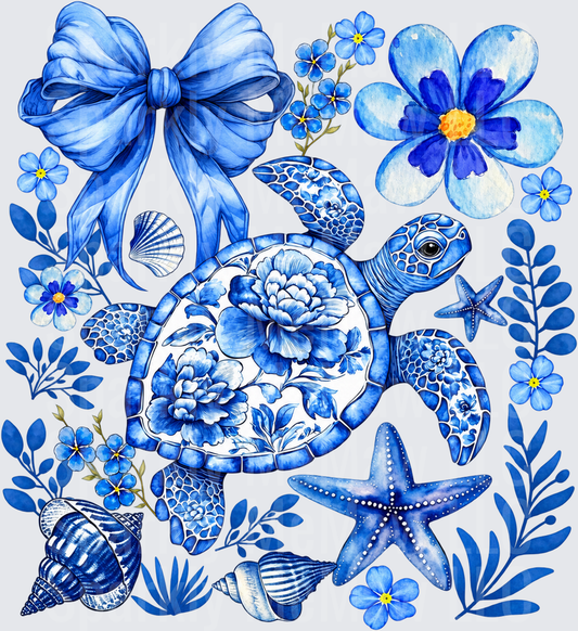 Blue Floral Sea Turtle Coquette is a DTF Transfer for Fabrics
