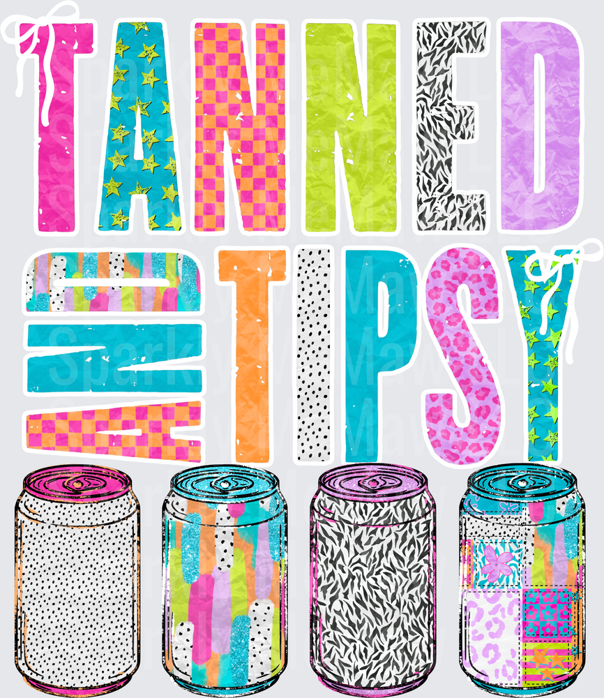 Tanned and Tipsy Colorful Drink Cans with Patterned Text UV DTF Decal