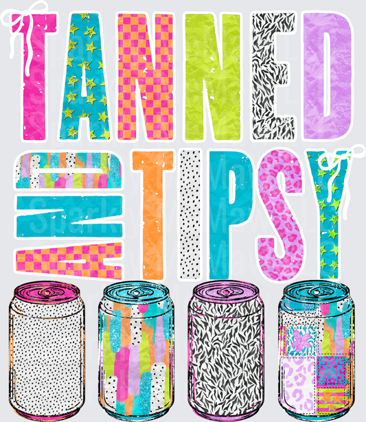 Tanned and Tipsy Colorful Drink Cans with Patterned Text UV DTF Decal