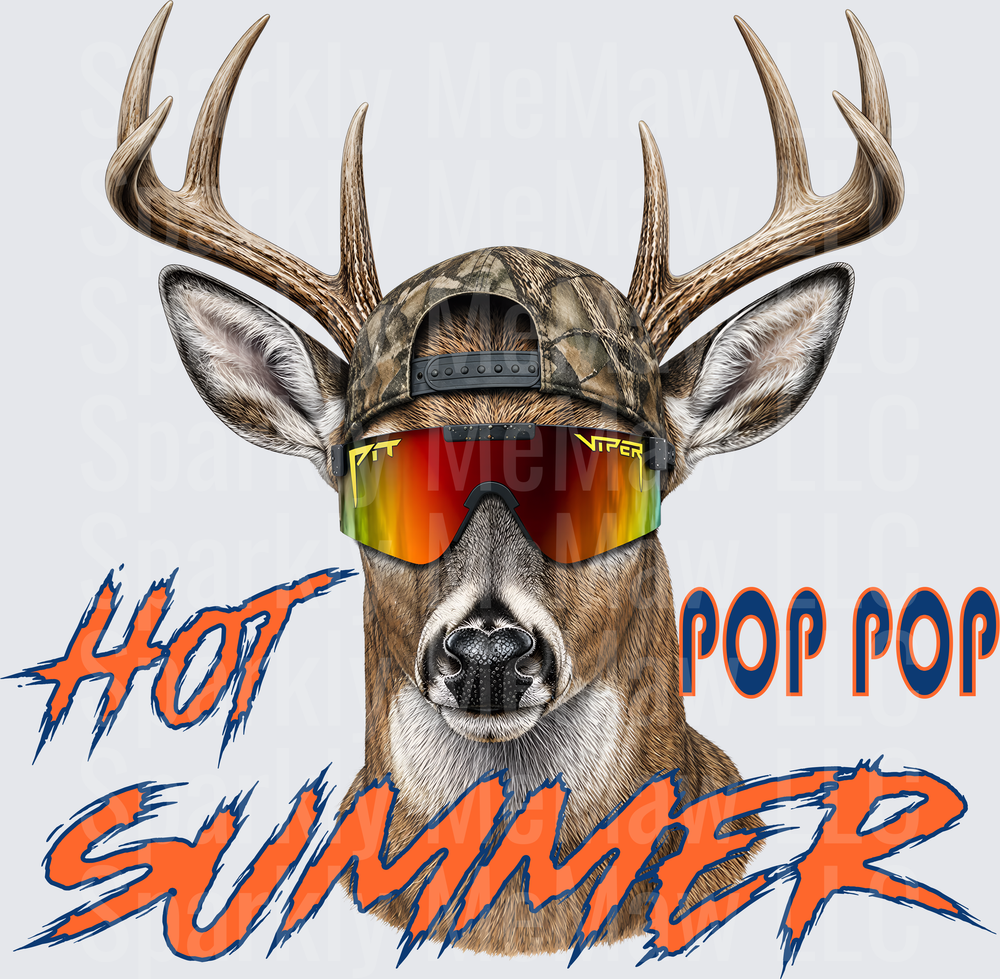 Hot Summer Pop Pop Buck Deer Wearing Camo Hat and Sunglasses UV DTF Decal