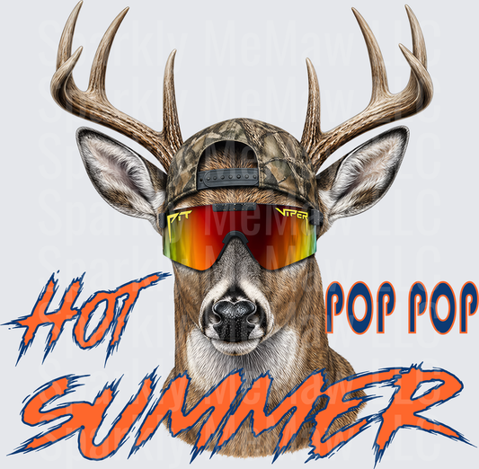 Hot Summer Pop Pop Buck Deer Wearing Camo Hat and Sunglasses UV DTF Decal