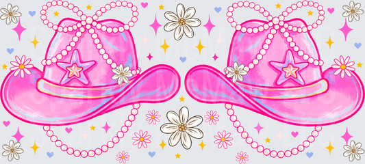 Pink Cowgirl Hats with Pearl Chains and Daisy Flowers UV DTF 16 oz Wrap