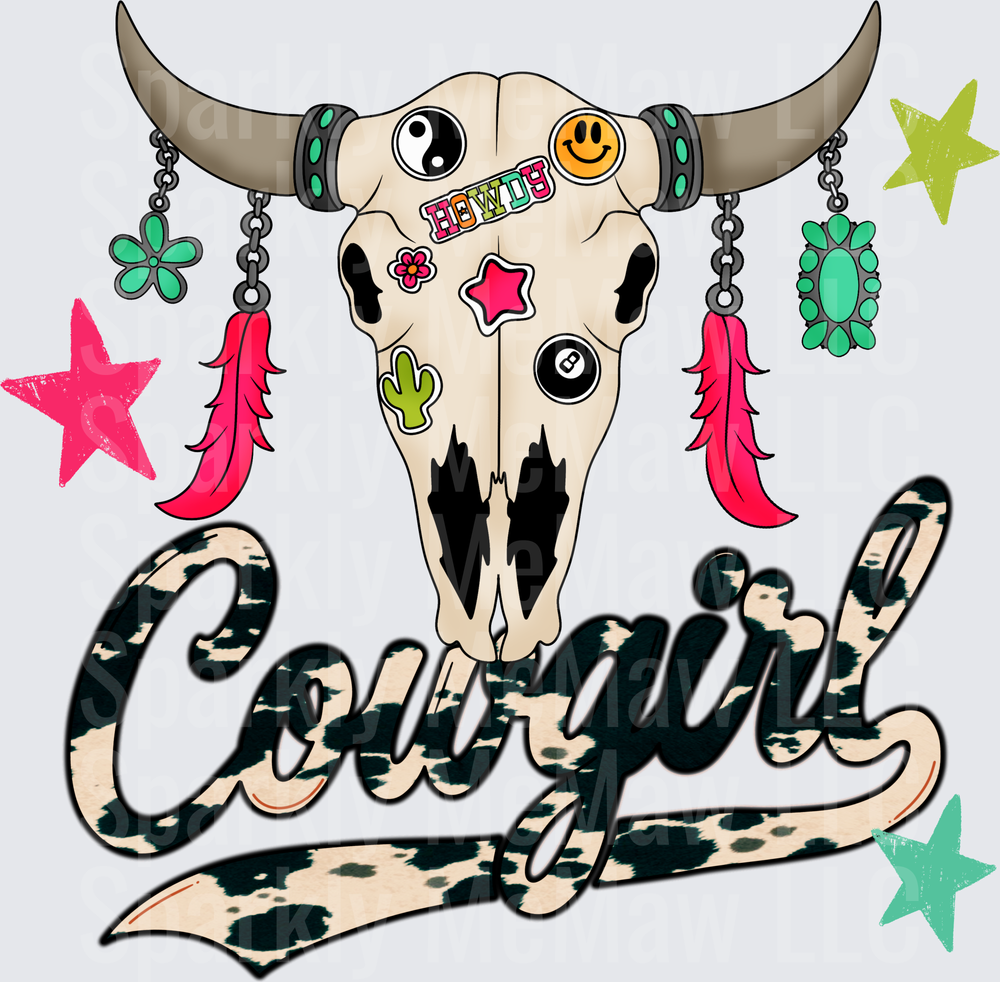 Howdy Cowgirl Bull Skull UV DTF Decal