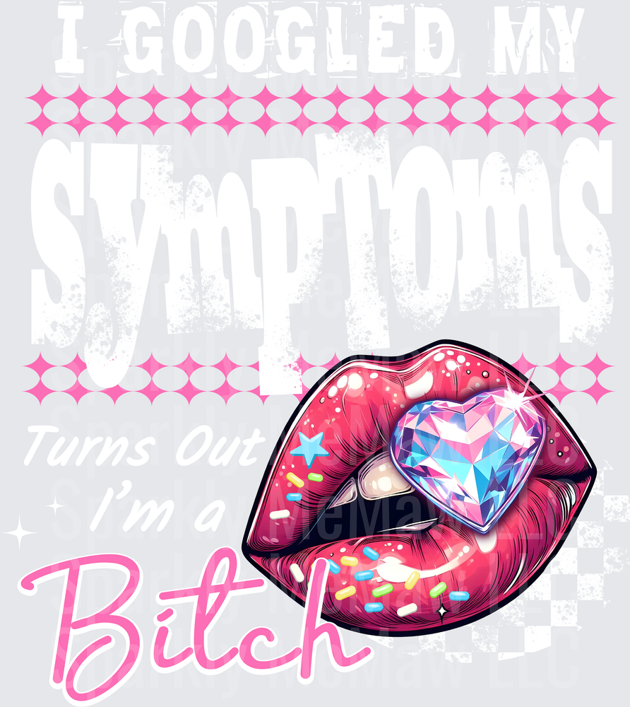 Bitch Pink Glossy Lips Biting Diamond Heart with Sparkles DTF Transfer for Fabric