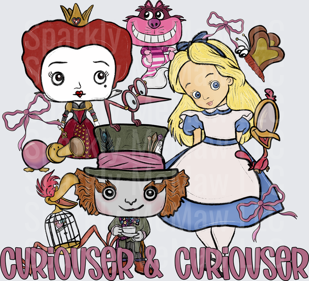 Alice in Wonderland Chibi Characters Red Queen Mad Hatter Cheshire Cat Curiouser and Curiouser UV DTF Decal