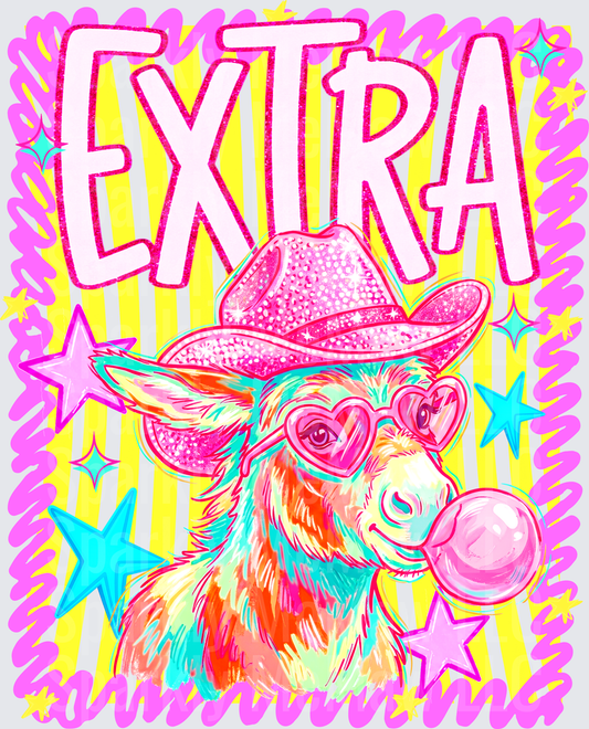 Extra Colorful Llama Wearing Pink Glitter Cowboy Hat Heart Sunglasses Blowing Bubblegum Bubble Stars DTF Transfer for fabrics