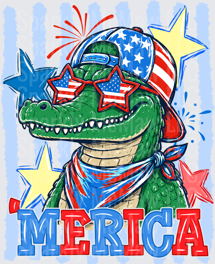 Patriotic Alligator Wearing American Flag Sunglasses and Bandana with Merica Text DTF Transfer for Fabric