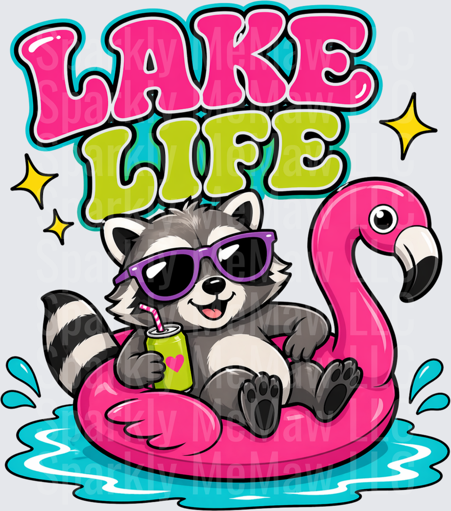 Lake Life Raccoon on Pink Flamingo Float with Sunglasses and Drink DTF Transfer for Fabric