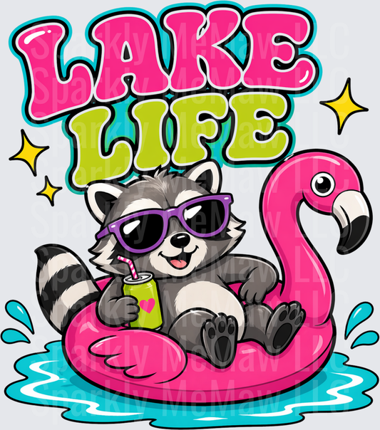 Lake Life Raccoon on Pink Flamingo Float with Sunglasses and Drink DTF Transfer for Fabric