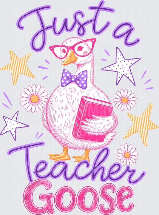 Just a Teacher Goose with Glasses Bow Tie Book and Stars UV DTF Decal