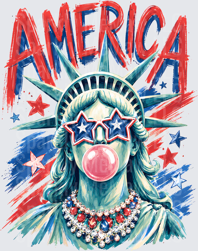 Statue of Liberty Blowing Pink Bubble Gum with Star Sunglasses America DTF Transfer for Fabric