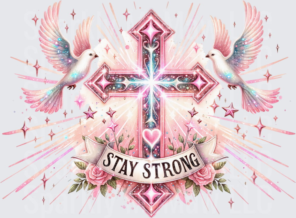 Stay Strong Cross with Doves and Pink Roses UV DTF Decal