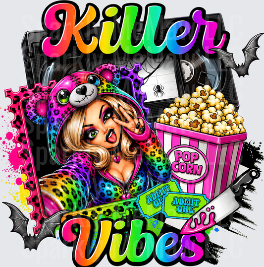 Killer Vibes Rainbow Leopard Hoodie Girl Horror Movie Night Popcorn VHS Bats uv dtf decal