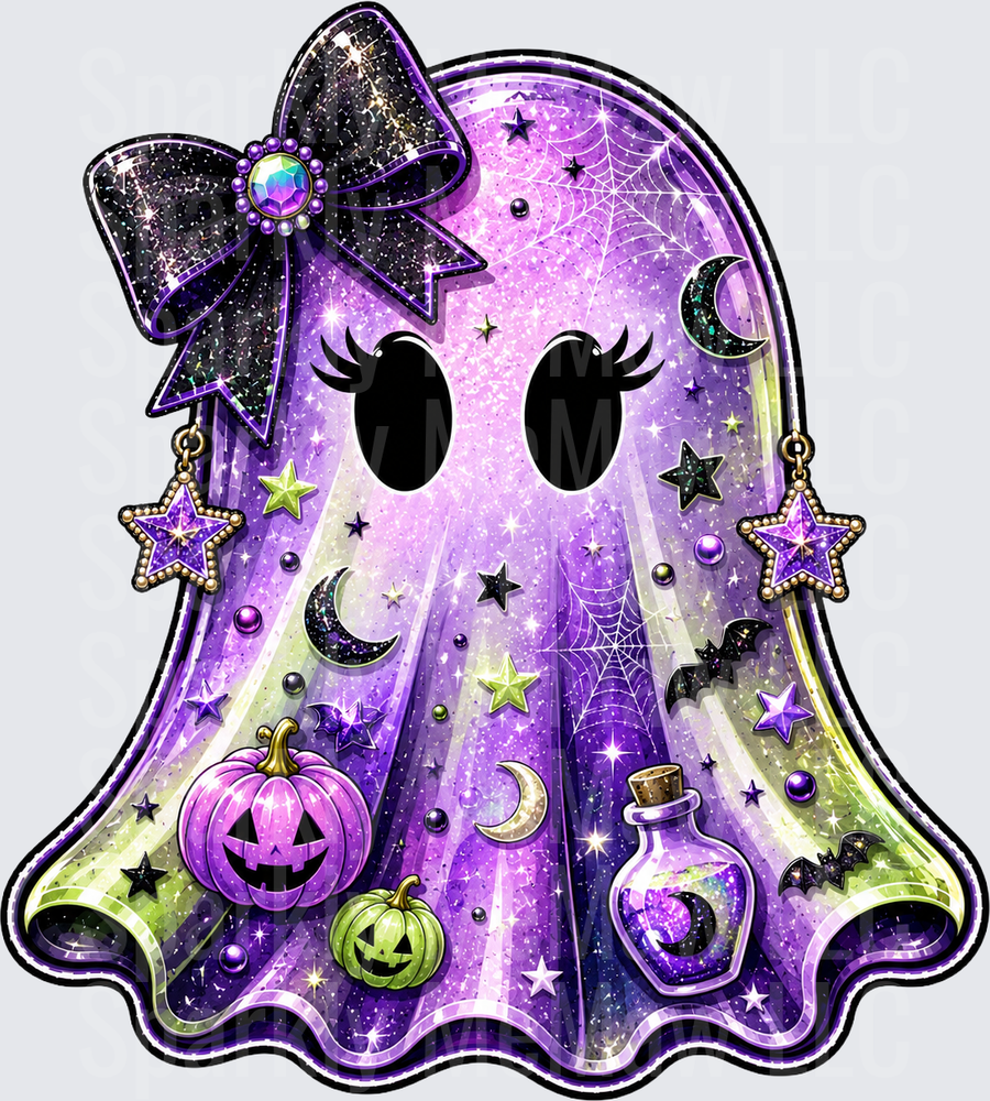 Kawaii Halloween Ghost with Galaxy Purple Bow and Spooky Elements UV DTF Decal