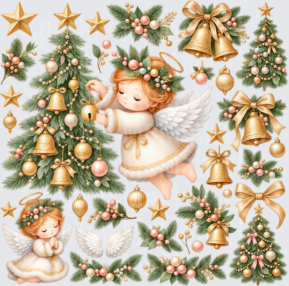Vintage Christmas Angels and Bells 10x10 Cut and Stick UV Sheet