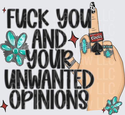 Fuck You And Your Unwanted Opinions Middle Finger Turquoise Western Rings Cow Print Nail DTF Transfer (fabrics)