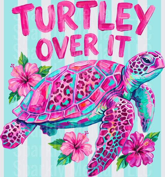 Turtley Over It Pink Sea Turtle with Hibiscus Flowers UV DTF Decal
