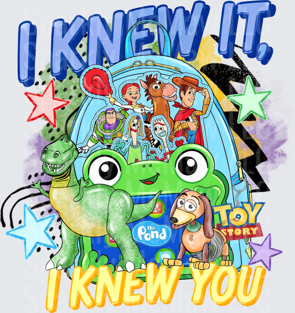 Toy Story Characters in Green Backpack I Knew It I Knew You Design UV DTF Decal