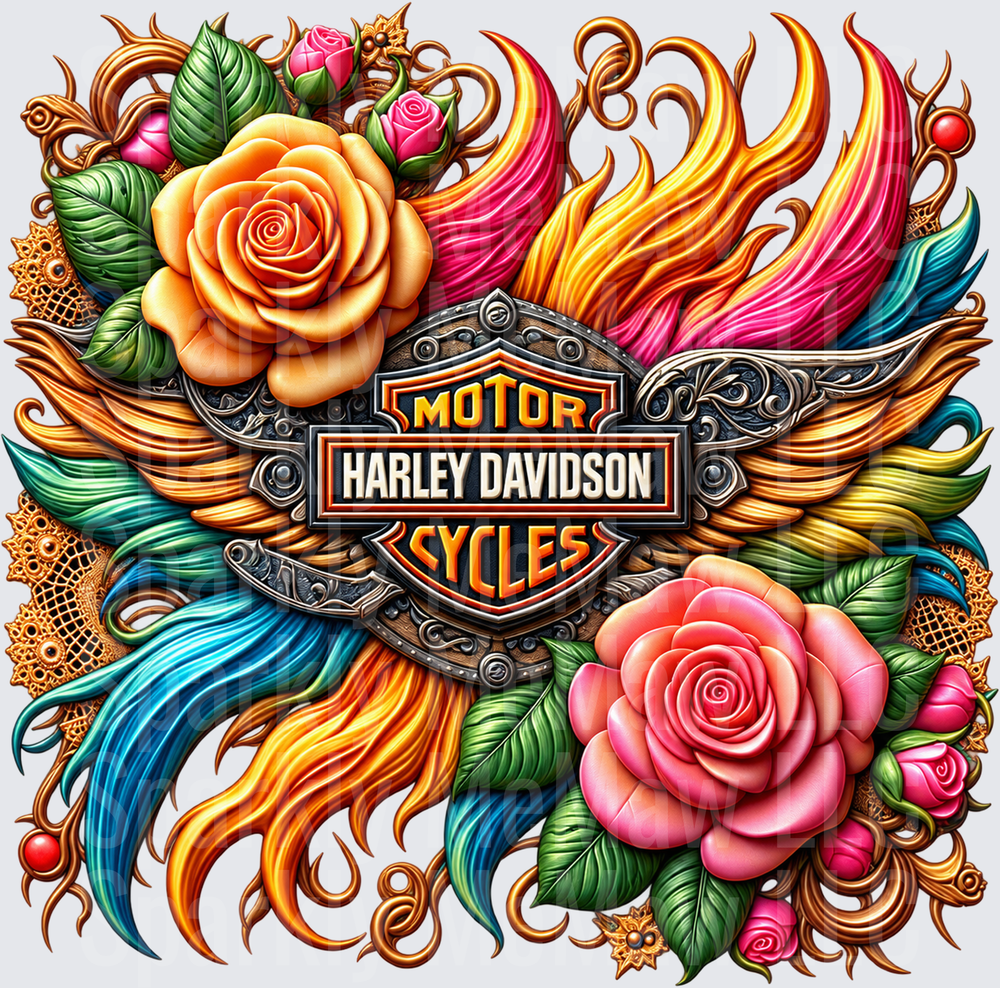 Harley Davidson Roses Flames is a DTF Transfer for Fabrics