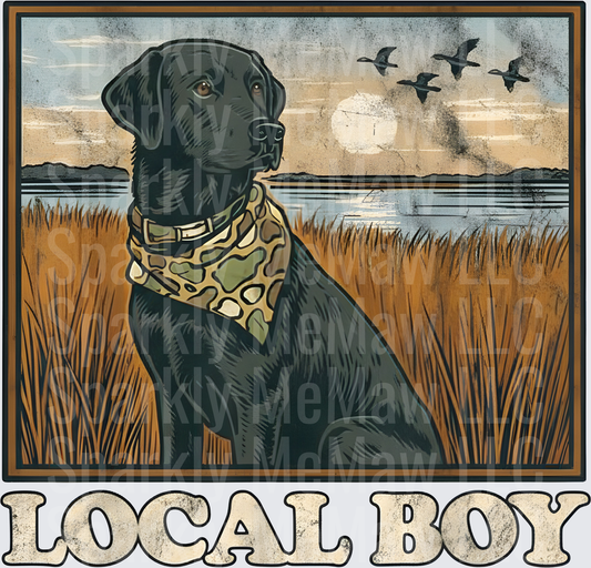 Black Lab Local Boy Duck Hunting Marsh Scene uv dtf decal